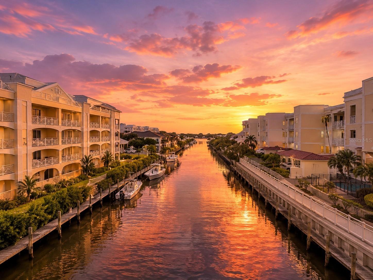 Sarasota waterfront real estate at sunset on the Gulf Coast